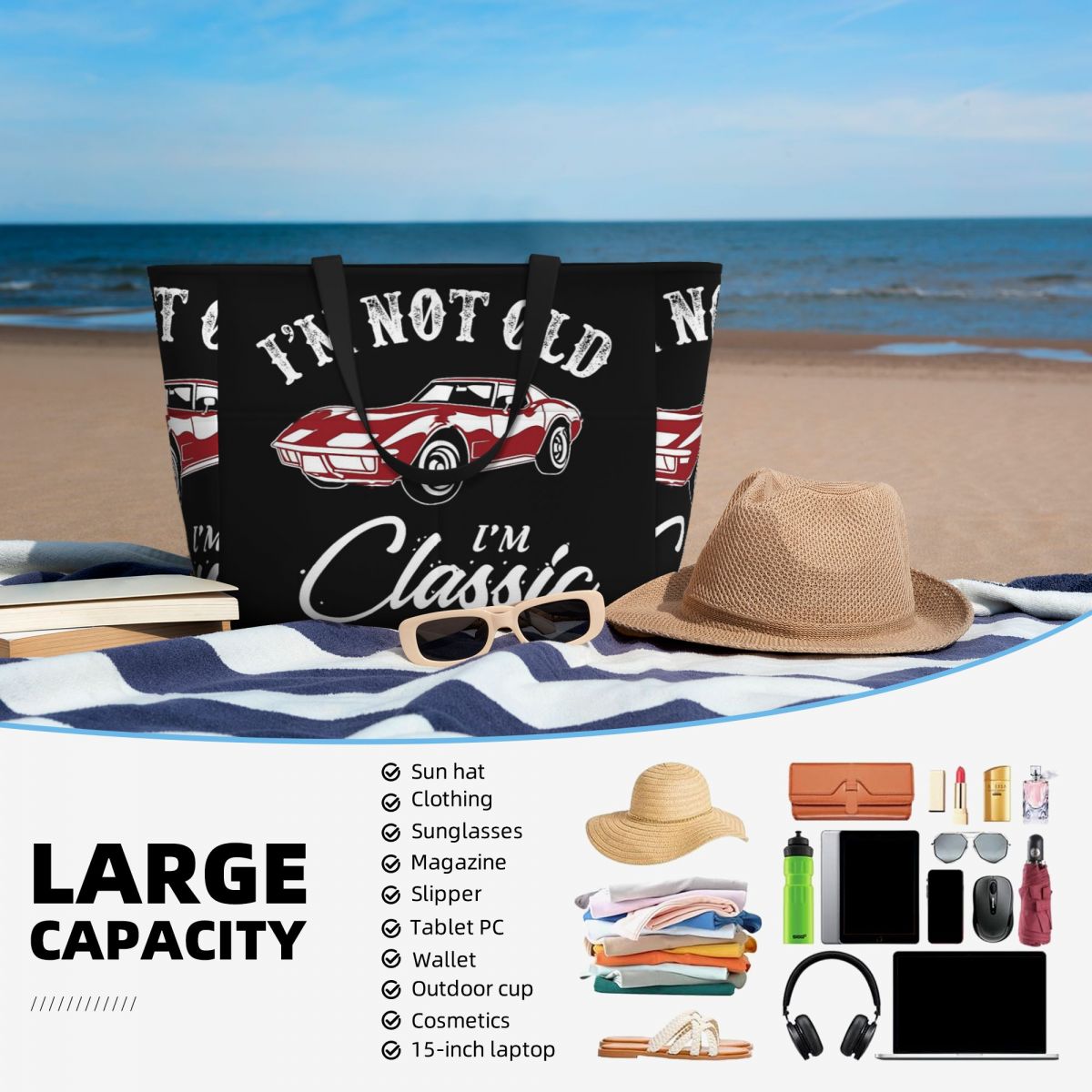 Clássico corvette carro praia  - Yoga Fitness Tote avaliação e preço
